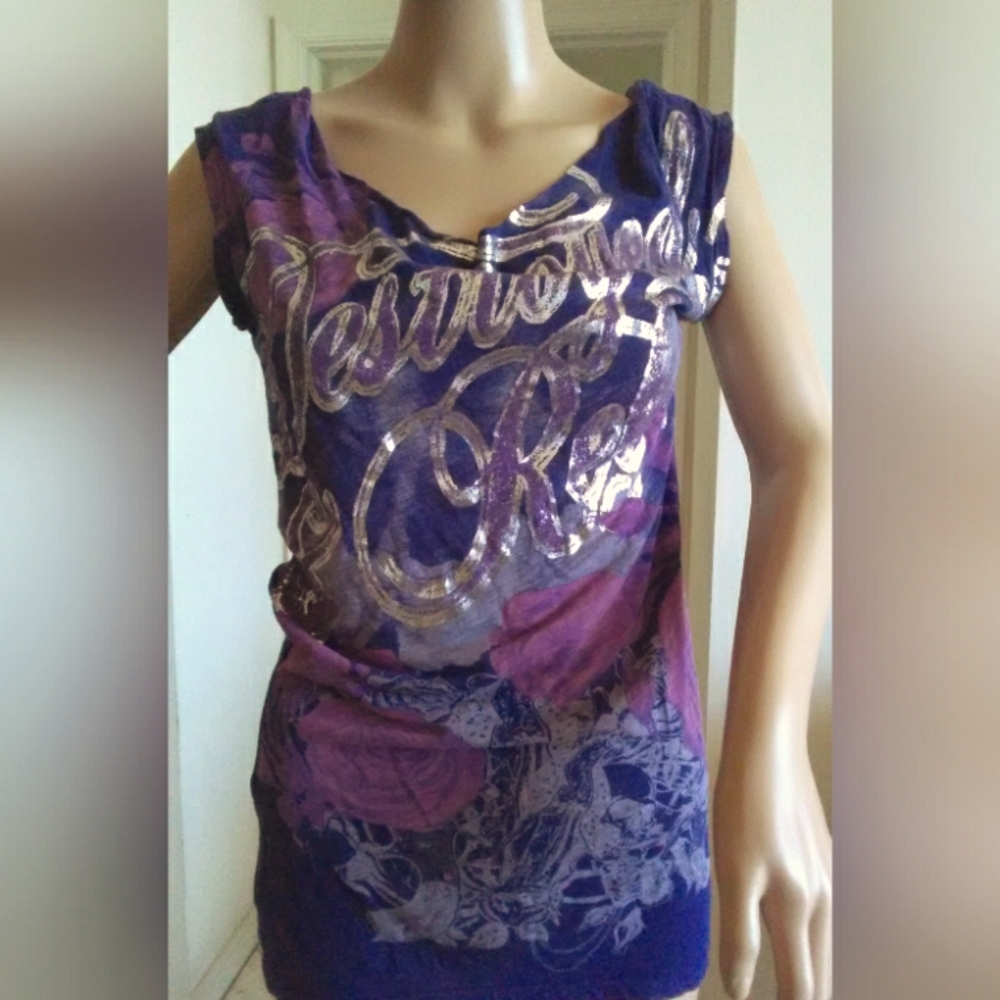 VINTAGE JIMMY Z LADIES GRAPHIC TOP ( DESTROYED & REBORN) SZ.MED PURPLE & SILVER